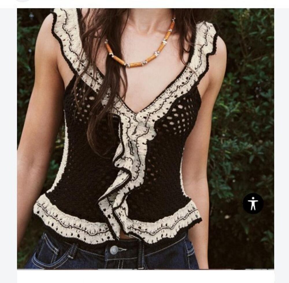 ZARA Pointelle ruffled knit crochet black cream top size medium--read